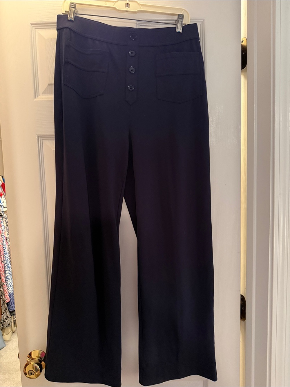 Women's Navy Wide-Leg Pants with Button Front; elastic waistband, pull on pant
